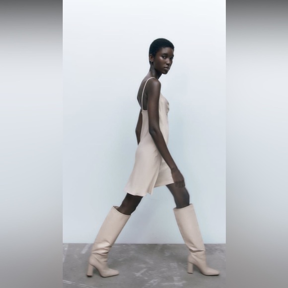 NEW ZARA Silky Satin Taupe Cowl Neck Mini Slip Dress Rhinestone Strap Fit&Flare - Picture 9 of 11